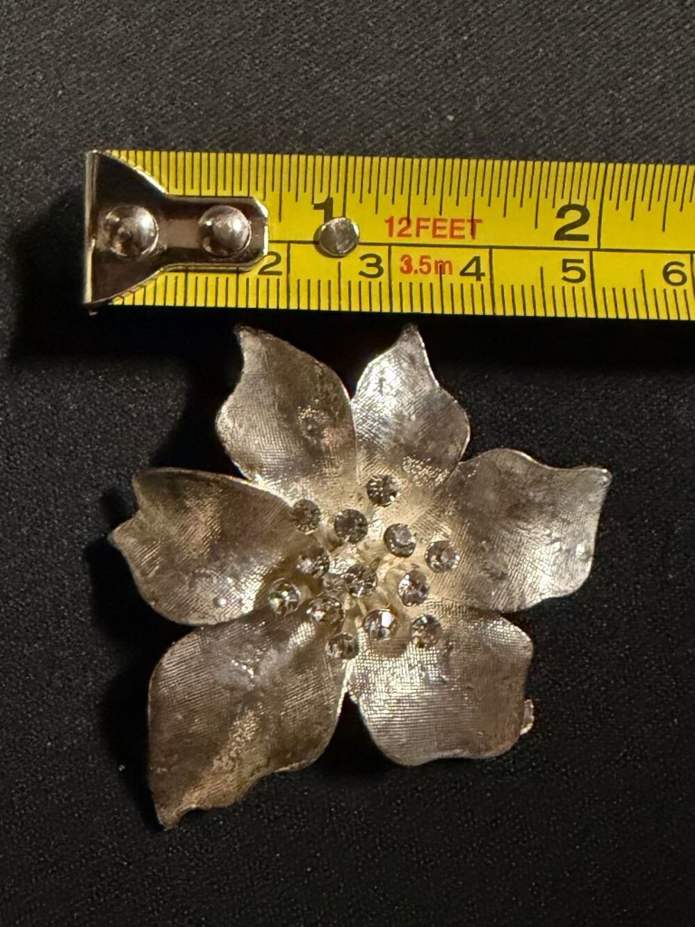 Vintage Silver Tone Rhinestone Flower Brooch Textured Floral Statement Jewelry